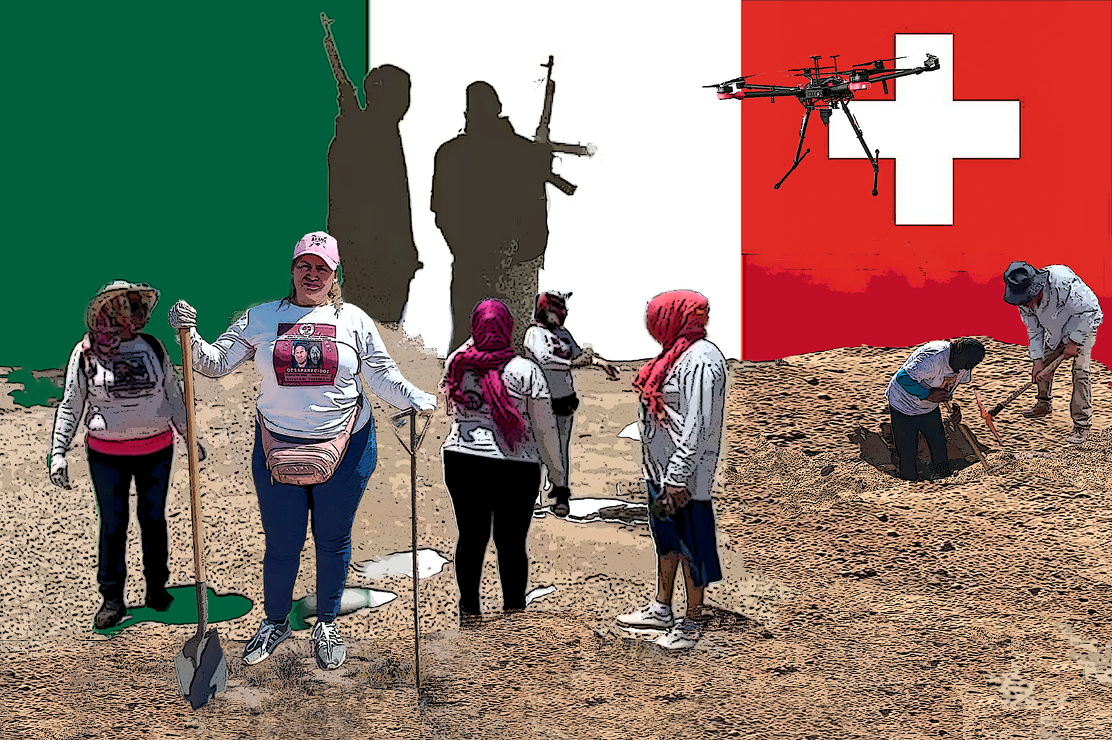 Collage of photos showing mothers looking for disappeared in Mexico