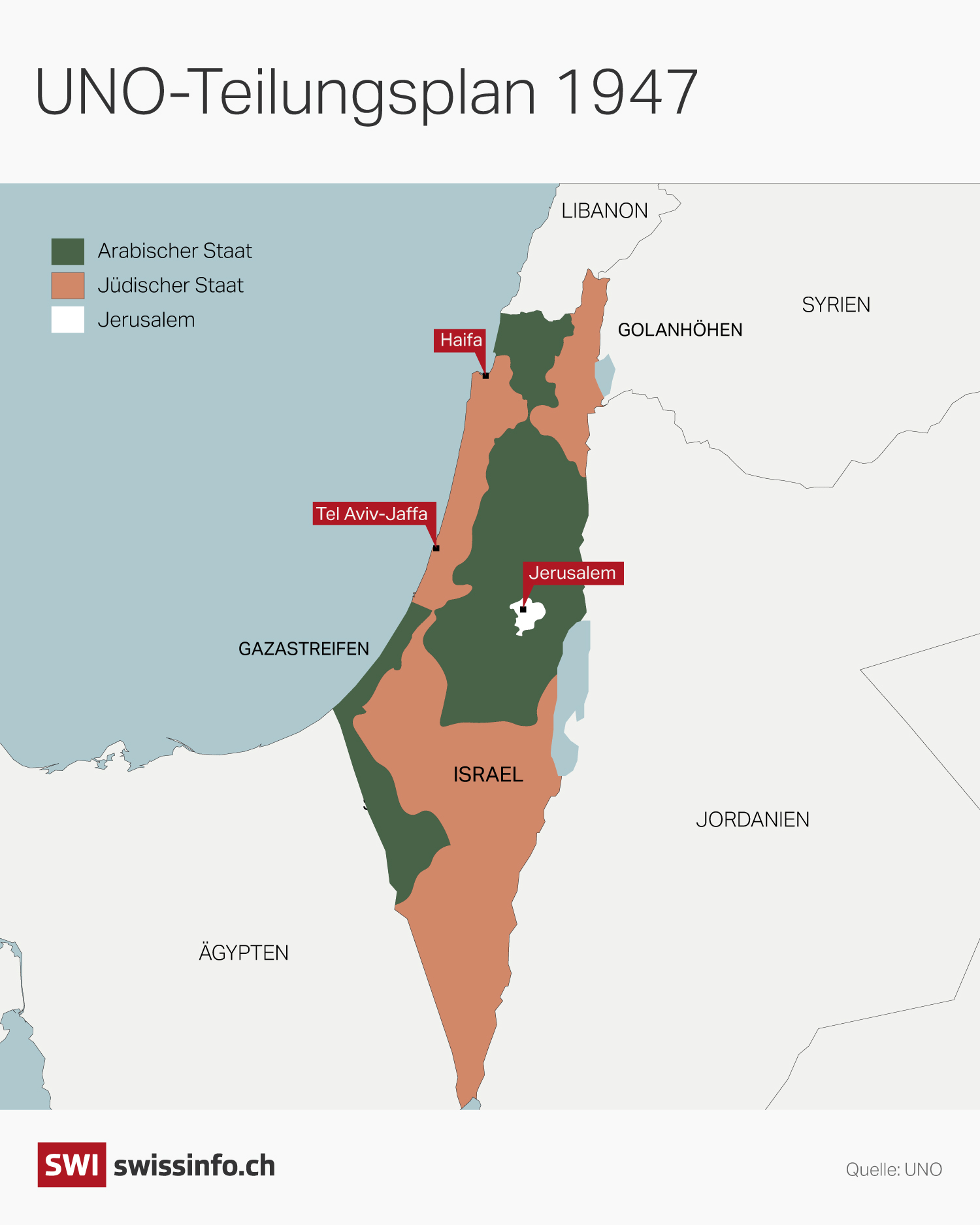 Grafik mit Karte von Israel mit der von der UNO vorgeschlagenen Teilung von Gebieten