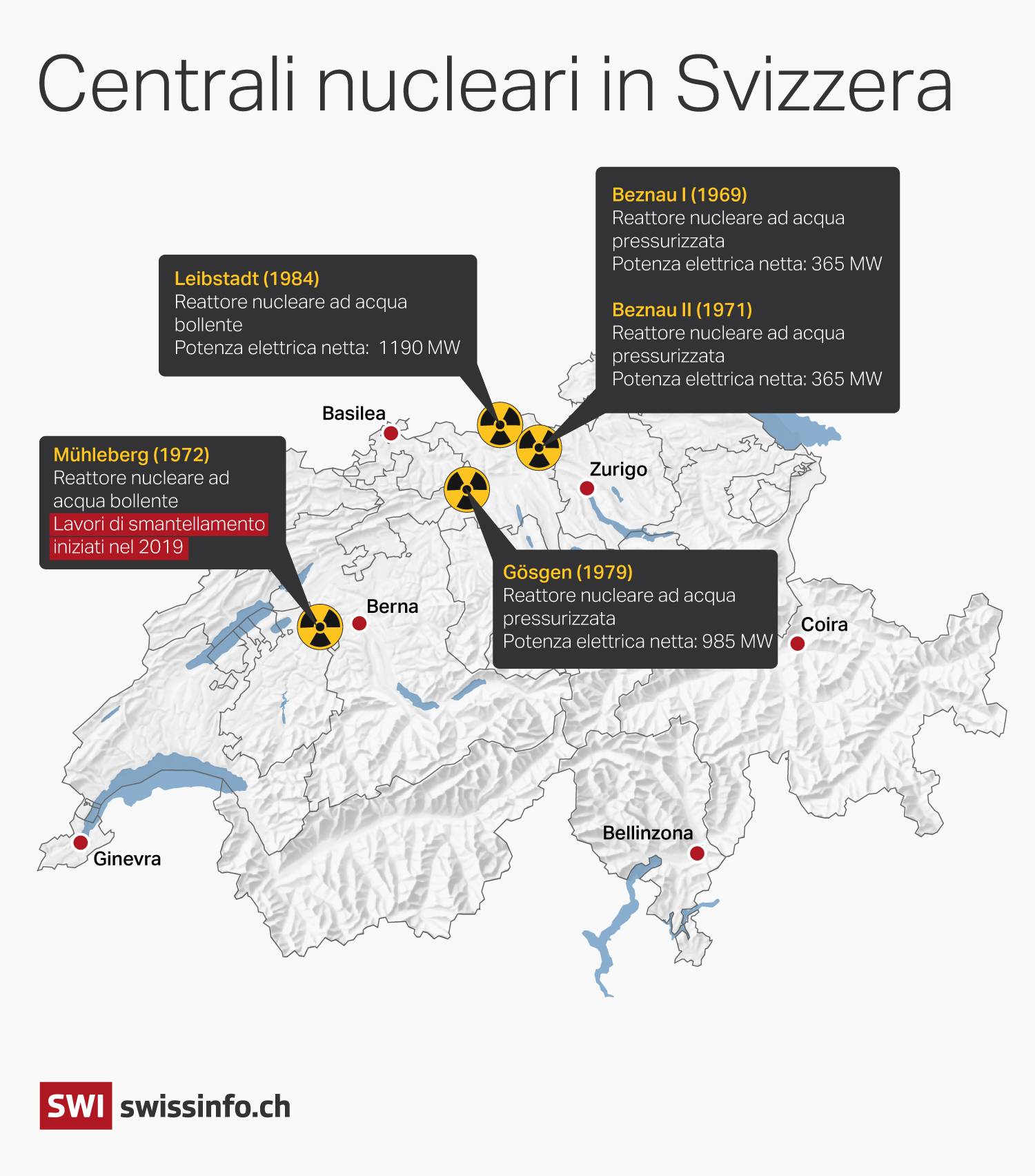 infografca che mostra dove si trovano le centrali nucleari in svizzera