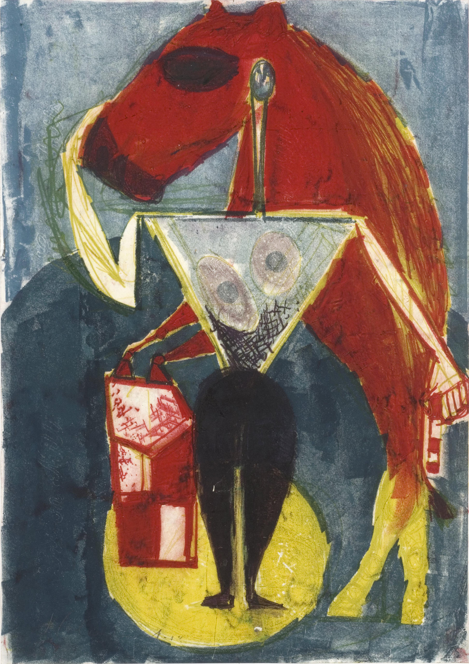 Un tableau avec un cheval rouge