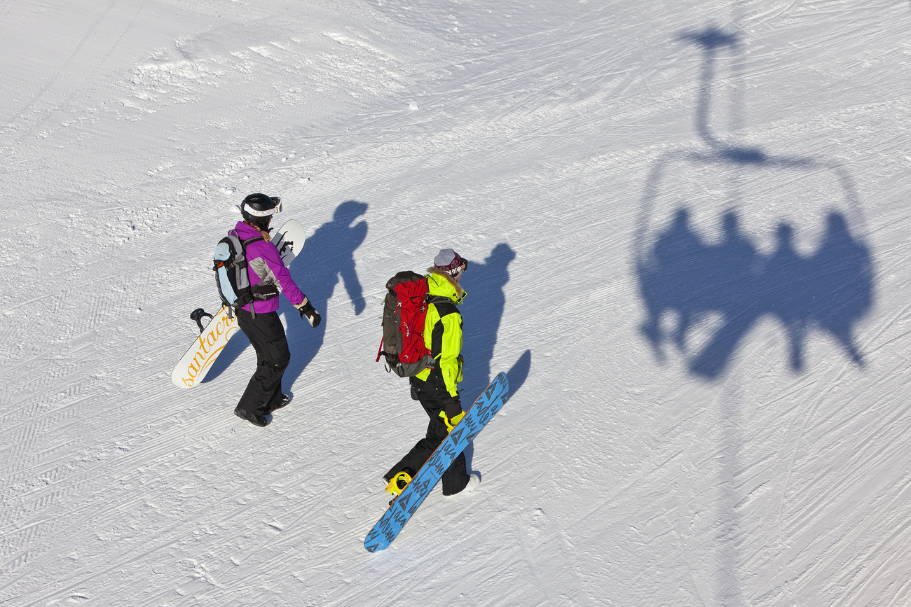 due persone fotografate dall alto camminano su pista da sci tenendo in mano i loro snowboard