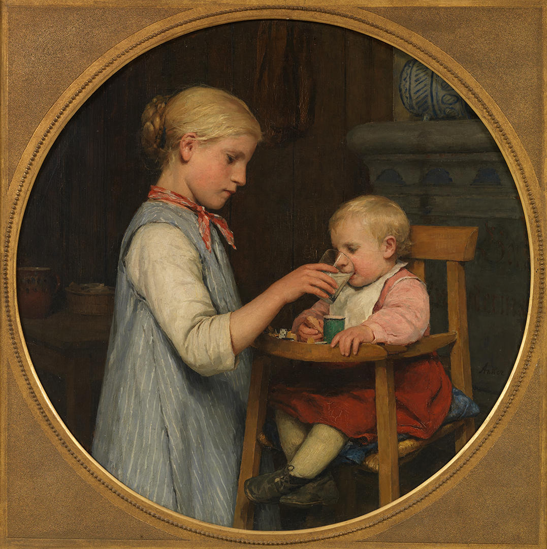 Gemälde eines Mädchens, das ein Baby füttert.