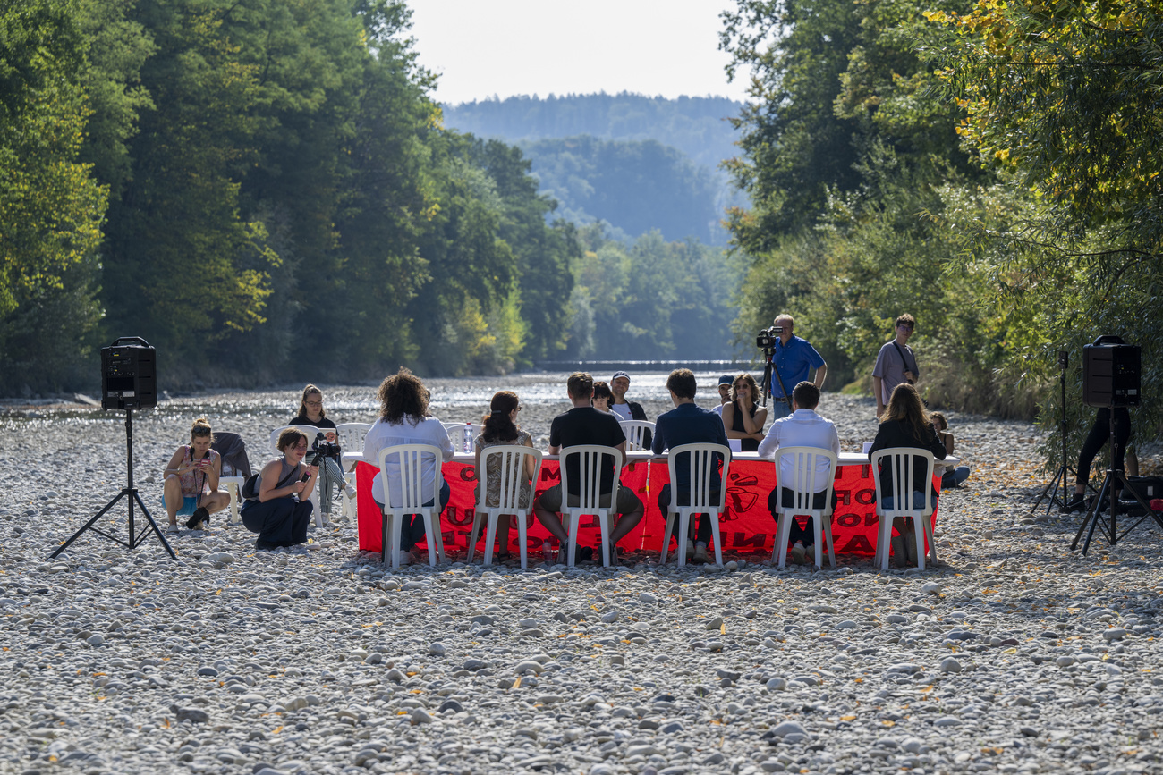 Press conference on dry river bed