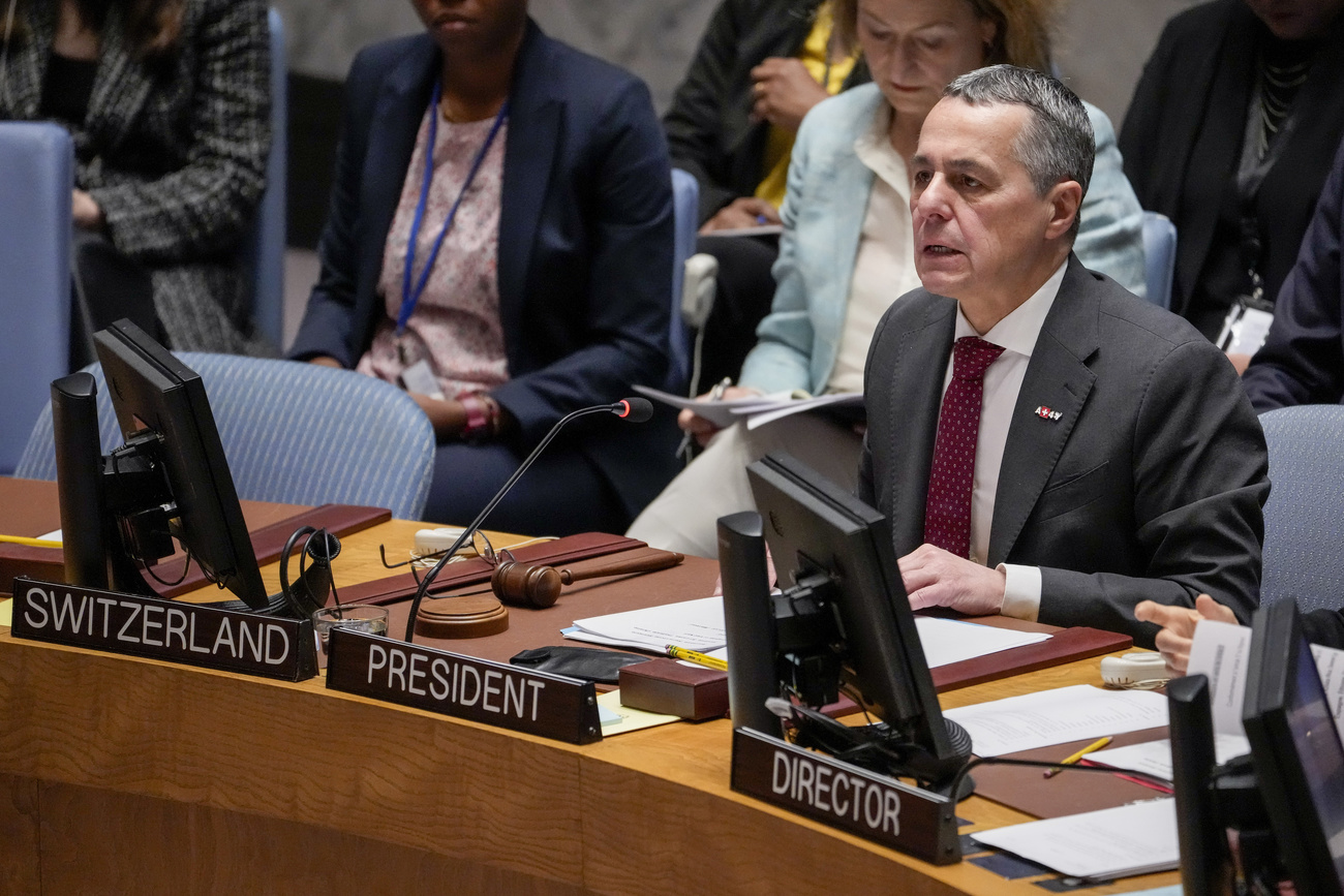 Der Schweizer Aussenminister Ignazio Cassis auf dem Platz der Schweizer Delegation im Sicherheitsrat in New York