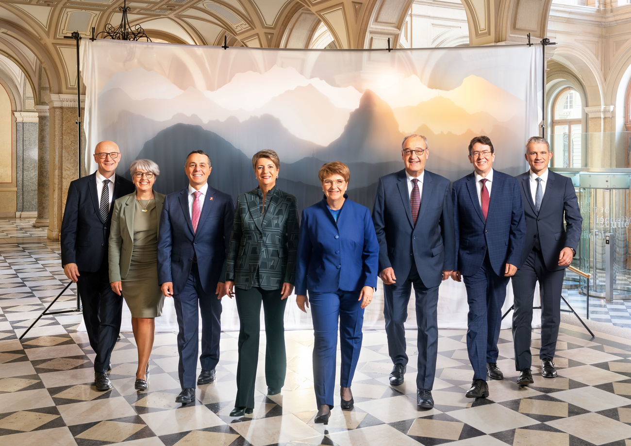 スクリーンに映し出された山のパノラマ画を背景に、微笑みながら歩む7人の連邦閣僚と内閣事務総長
