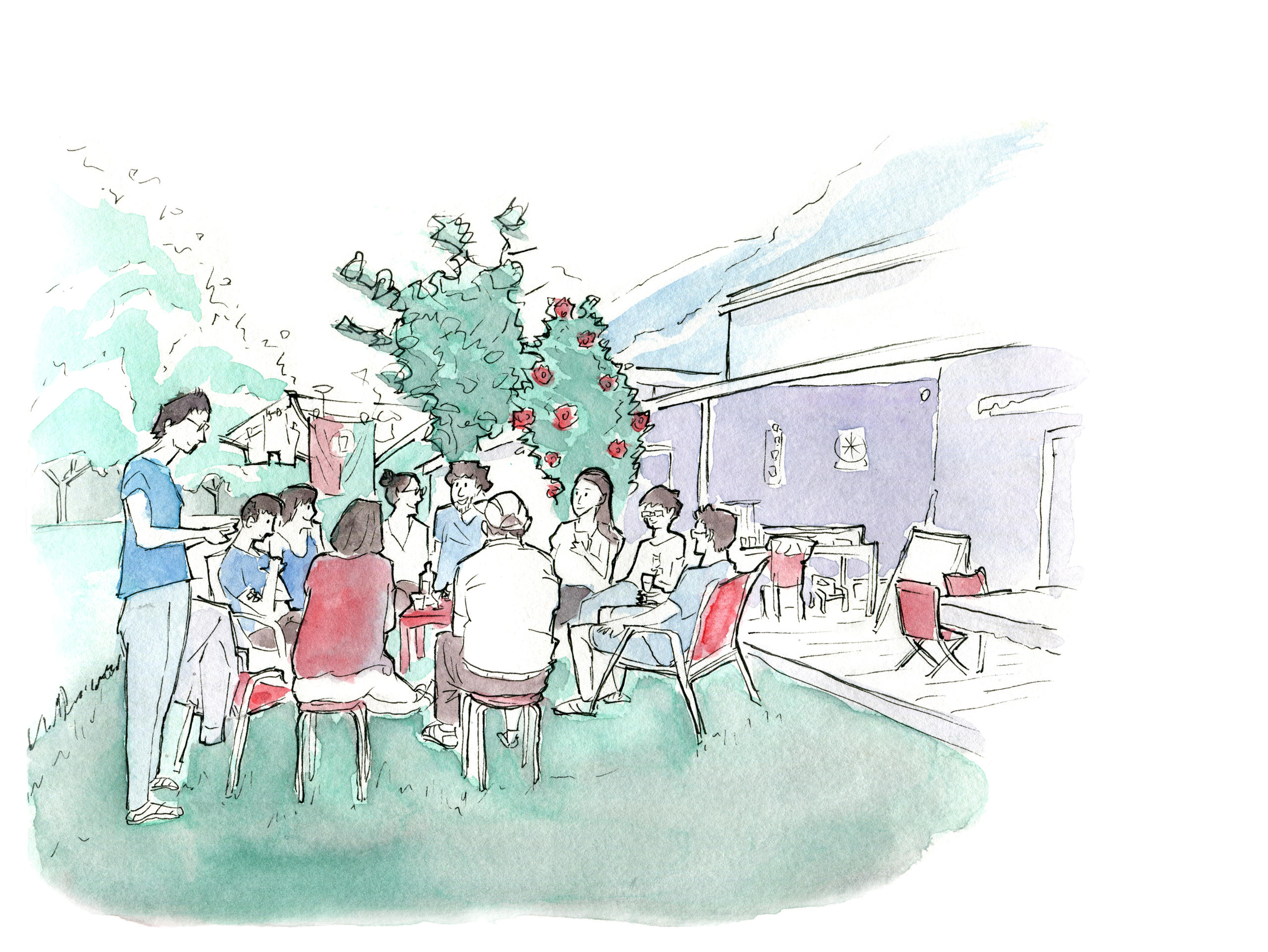 家庭聚餐，天气格外的好，在温暖的阳光下大家在花园里品尝着我用中式茶具泡的茶。