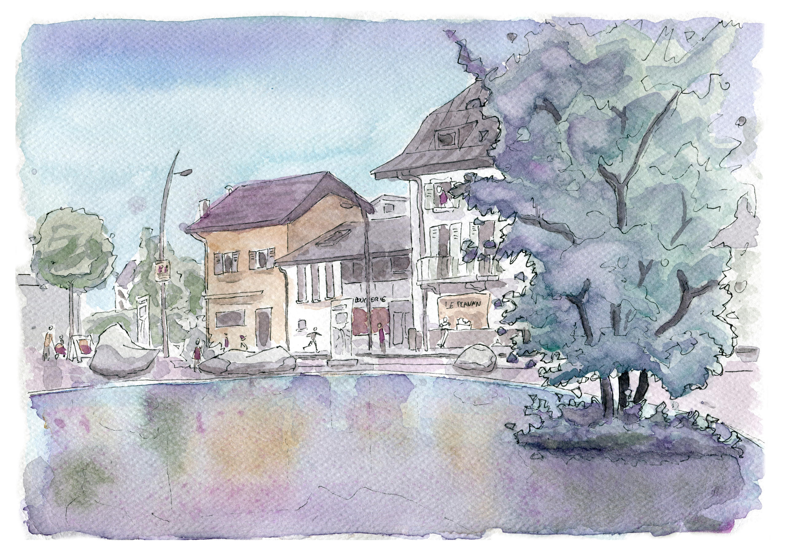 在温暖的夏天，教堂旁的泉水为炎热的夏天带来一丝清爽。我看到一群年轻人提着冰镇的啤酒路过，他们可能准备去湖边游泳。在酒吧里，人们休闲的聊着家常，坐在露天的阳台下享受着阳光和新鲜的空气。