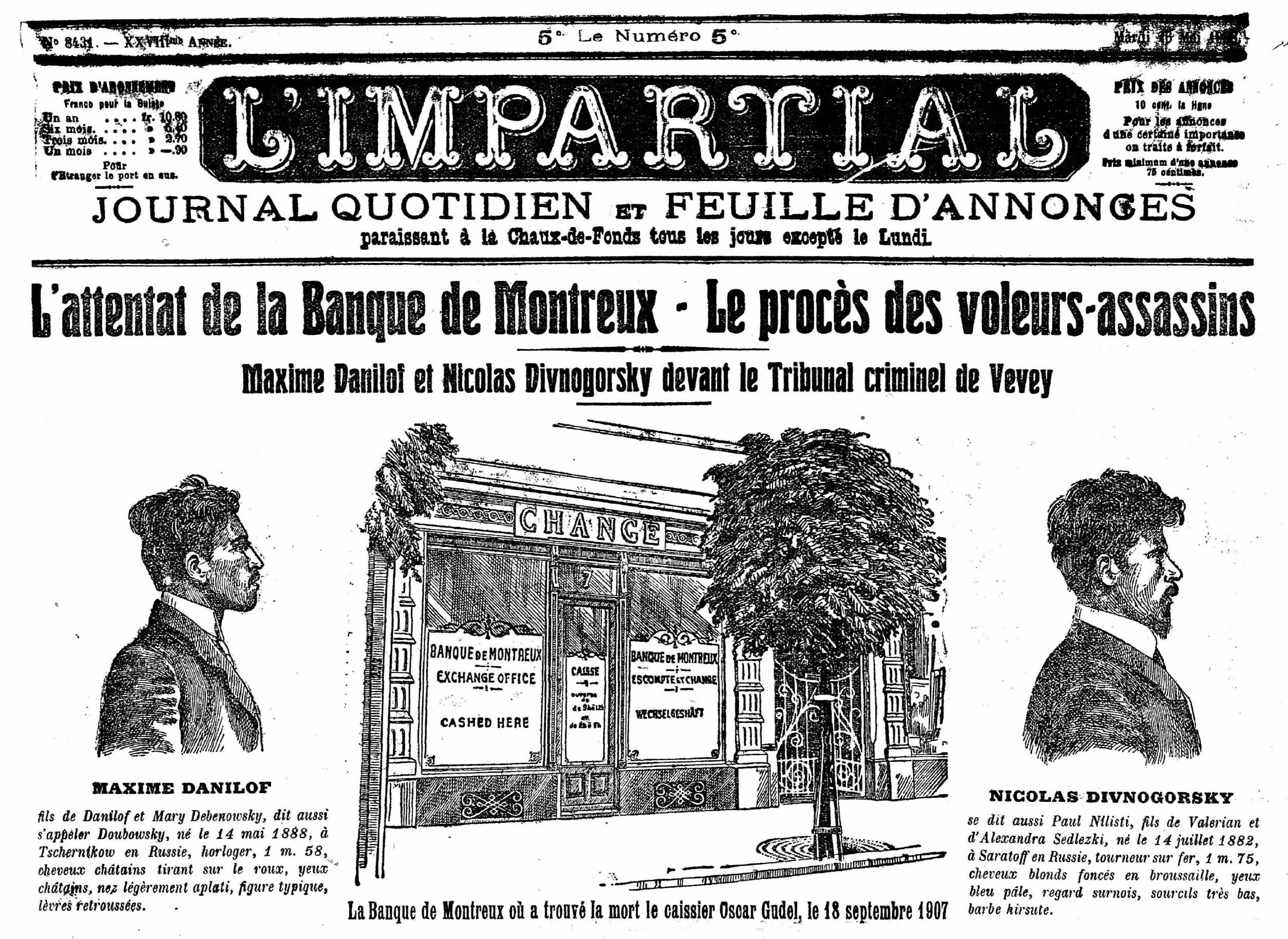 Frontseite der Zeitung Impartial von 1907 mit Zeichnungen der beiden inhaftierten Täter