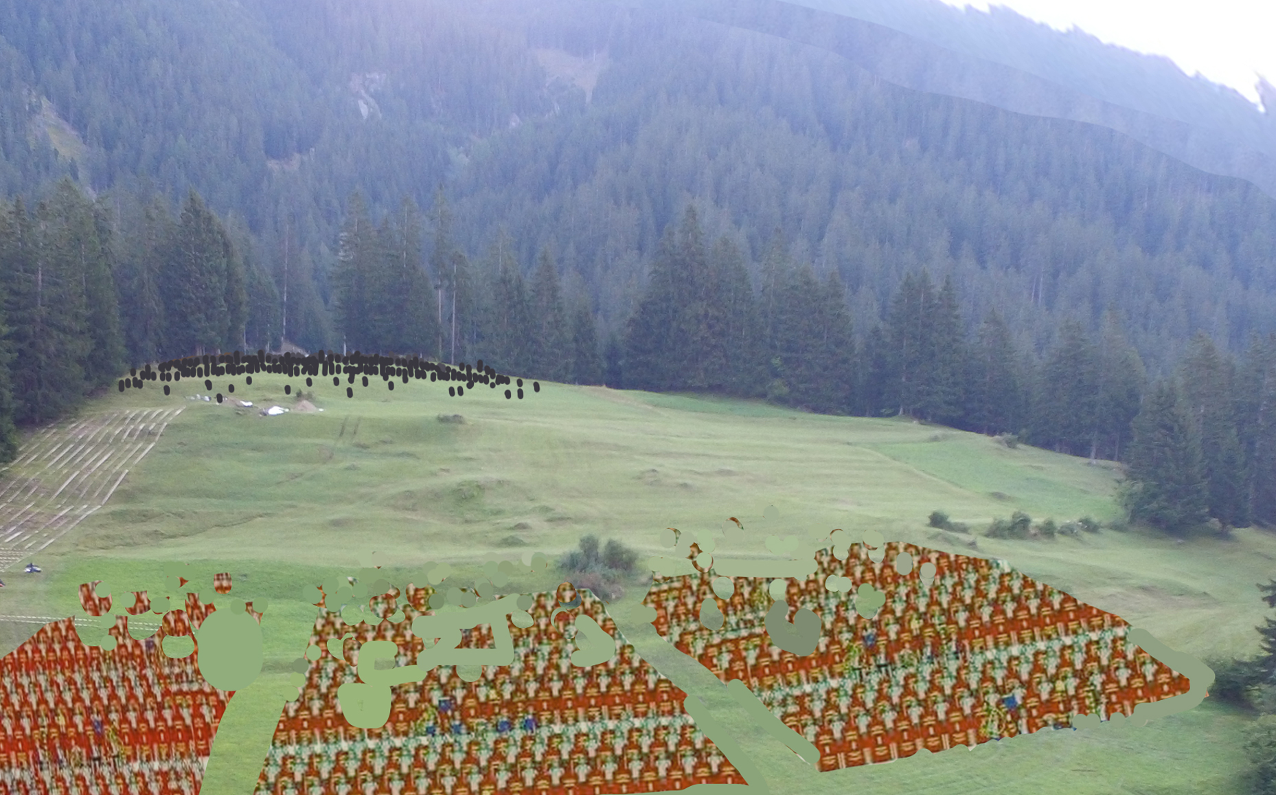 Una colina rodeada de bosques con el contingente romano y en frente los suanetes, de menos cantidad y más dispersados