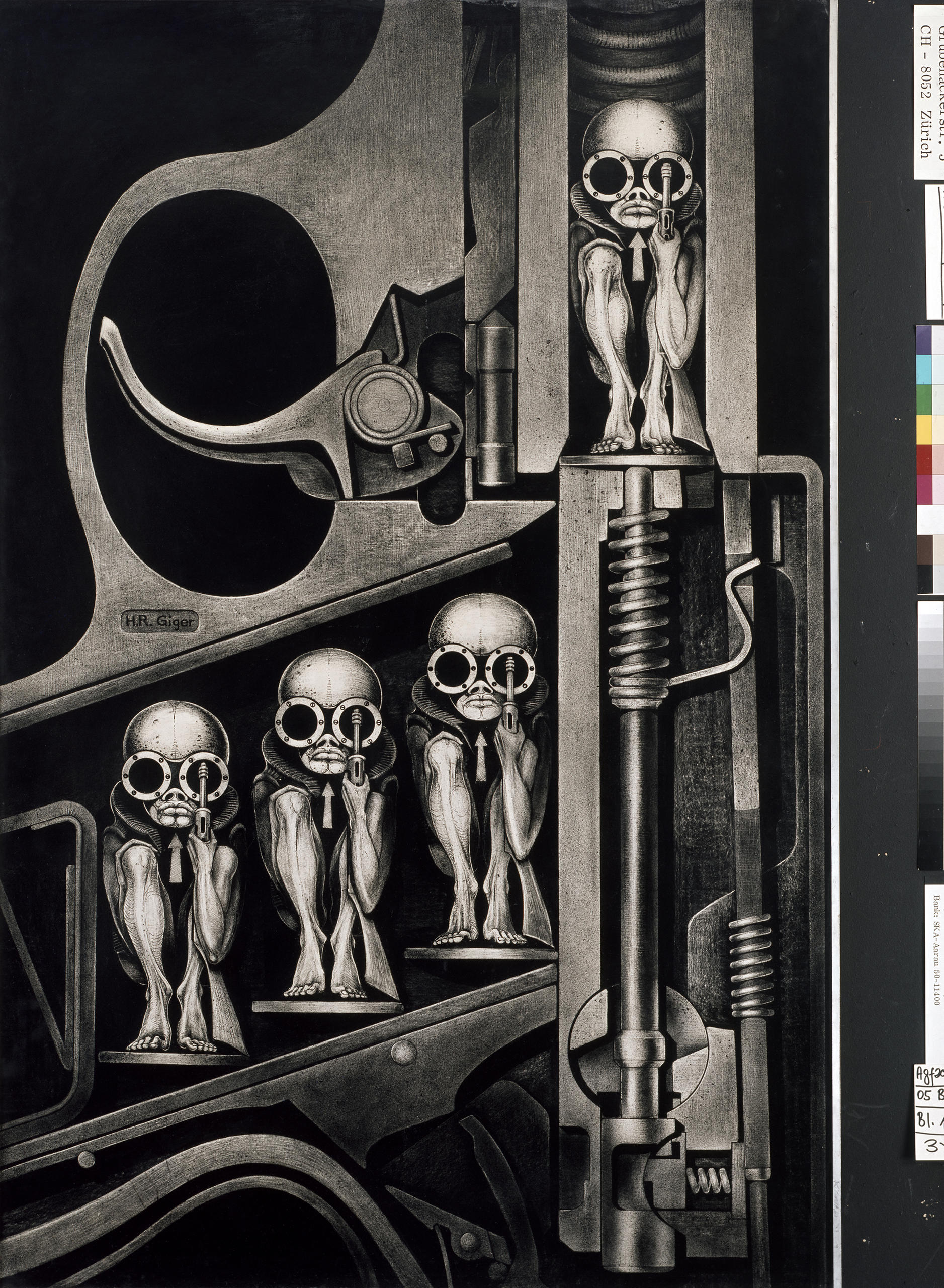 Un dessin de Giger avec un pistolet et des petits bonshommes à la place des balles