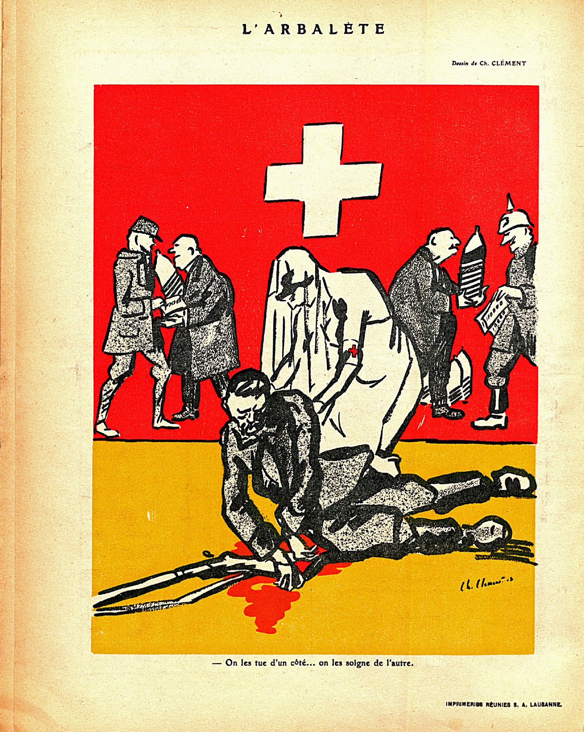 Caricatura: un soldado y una enfermera de la Cruz Roja sobre un cuerpo