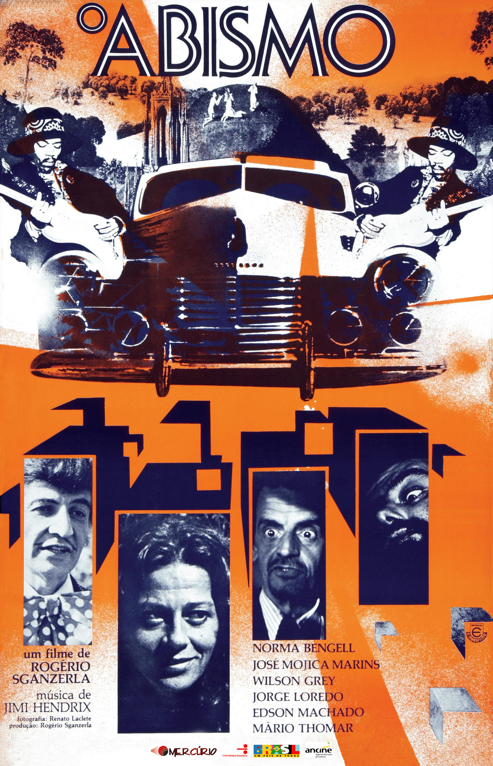 Das orange getönte Plakat zum Film O Abismo von Rogério Sganzerla zeigt Jimi Hendrix, ein stilisiertes Auto und den Cast