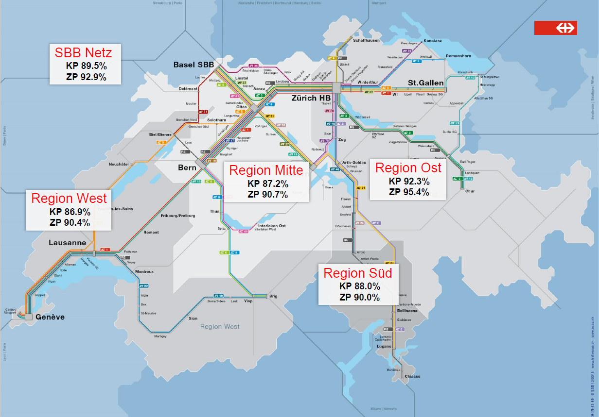 Percentuali di puntualità indicate su una cartina della rete ferroviaria FFS