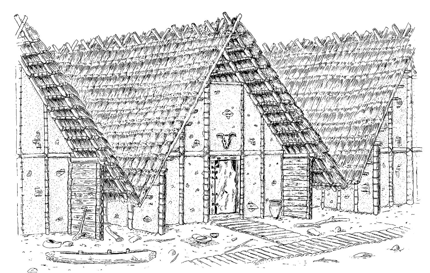 Dessin montrant une habitation préhistorique