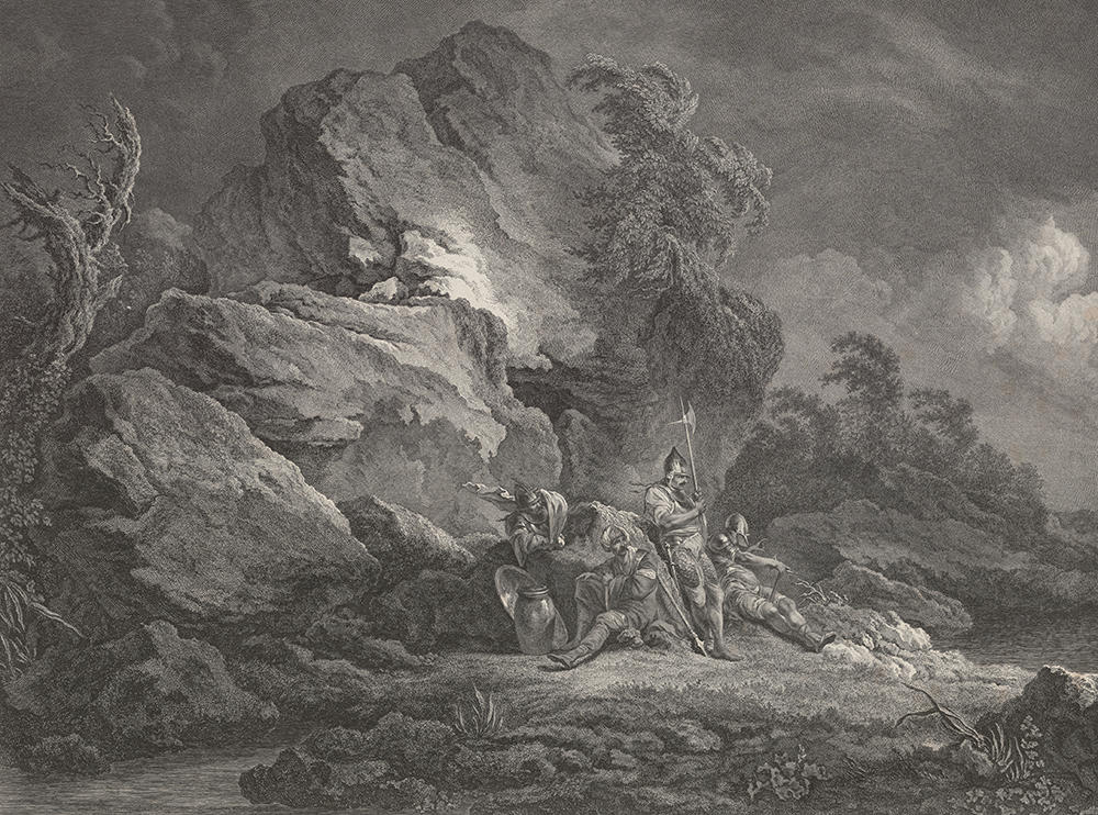 Quatre soldats au repos sur un vieille gravure.