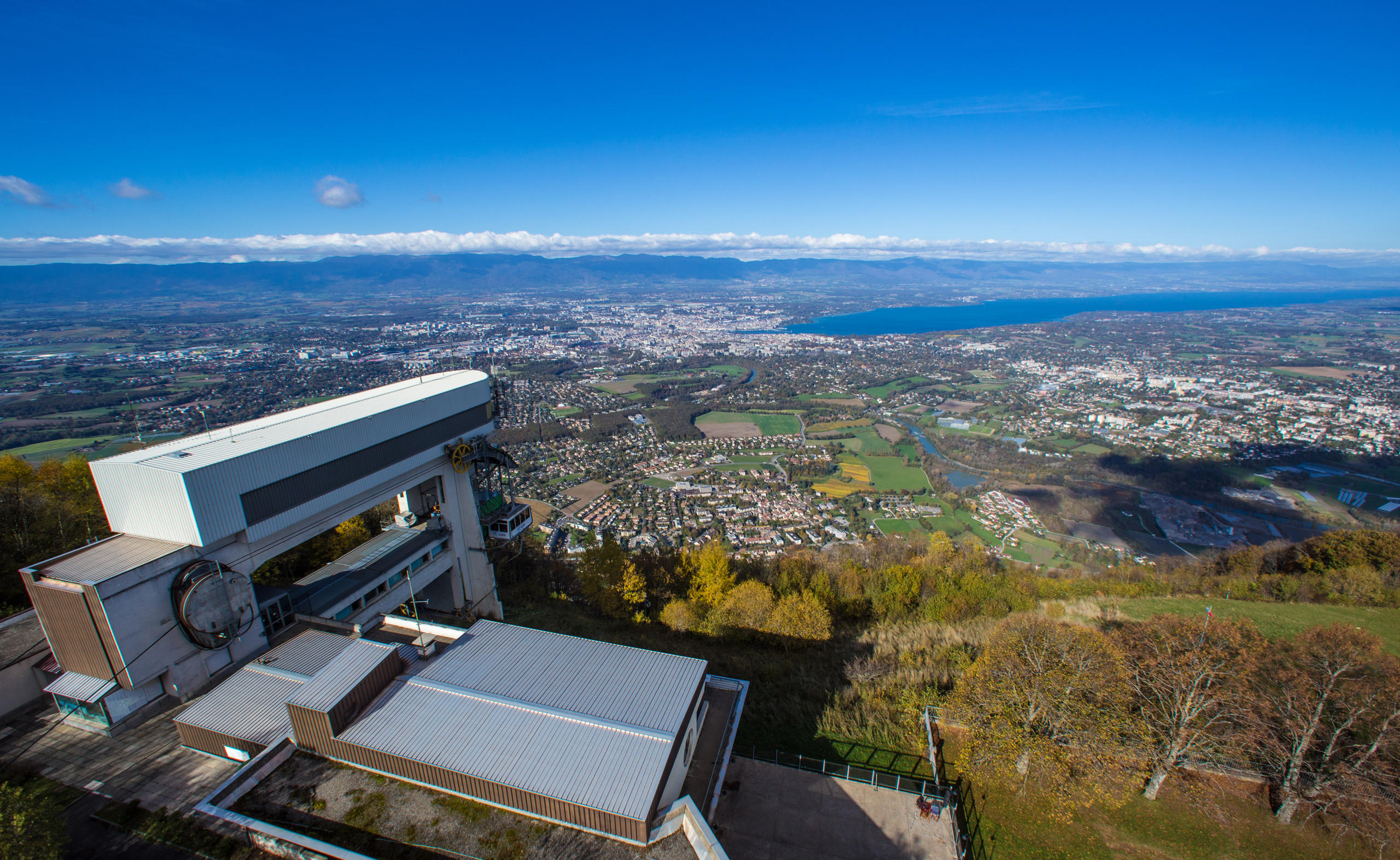 View of Geneva, the lake and the Jura Mountains from the top of Mont Salève