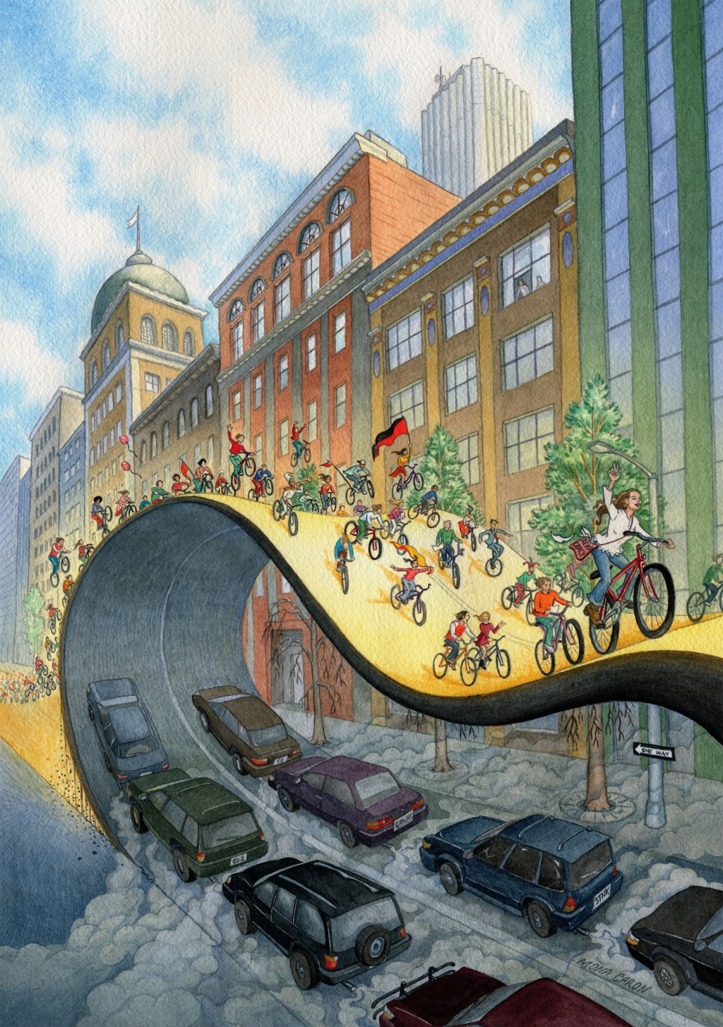壁画"自行车进化"(Velorution ，2002 年)。Mona Caron的这幅水粉壁画最初是一本书的封面构思，后来被用作世界各地数十座城市自行车活动的海报。