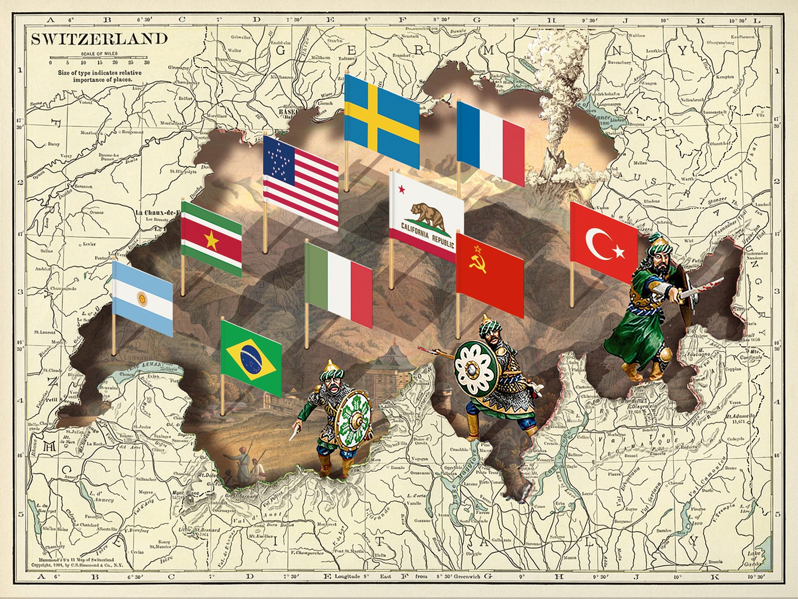 Tour du monde des toponymes suisses. Illustration de Marco Heer.