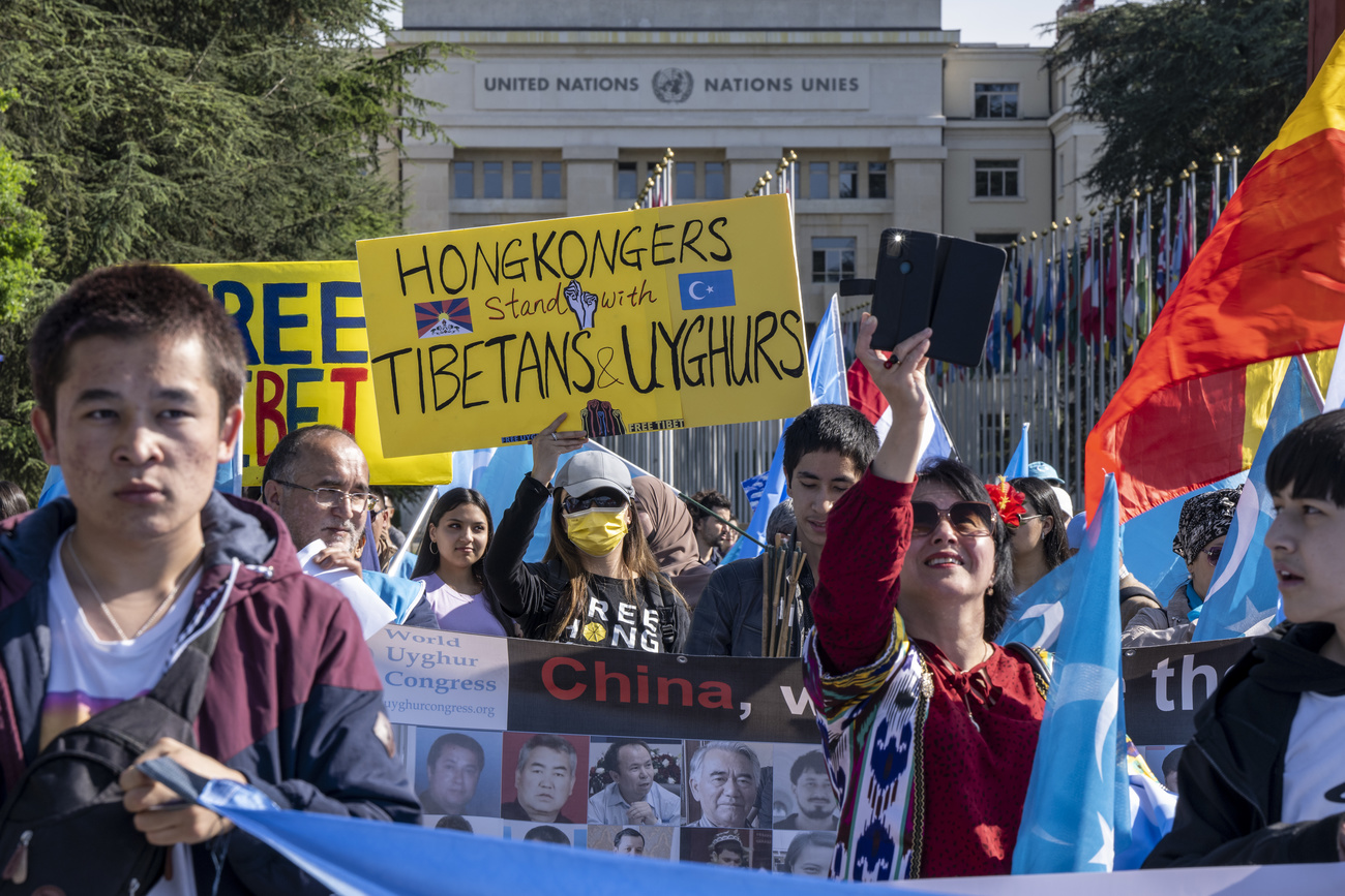 Demonstrators in Geneva near the United Nations supporting minority rights in China