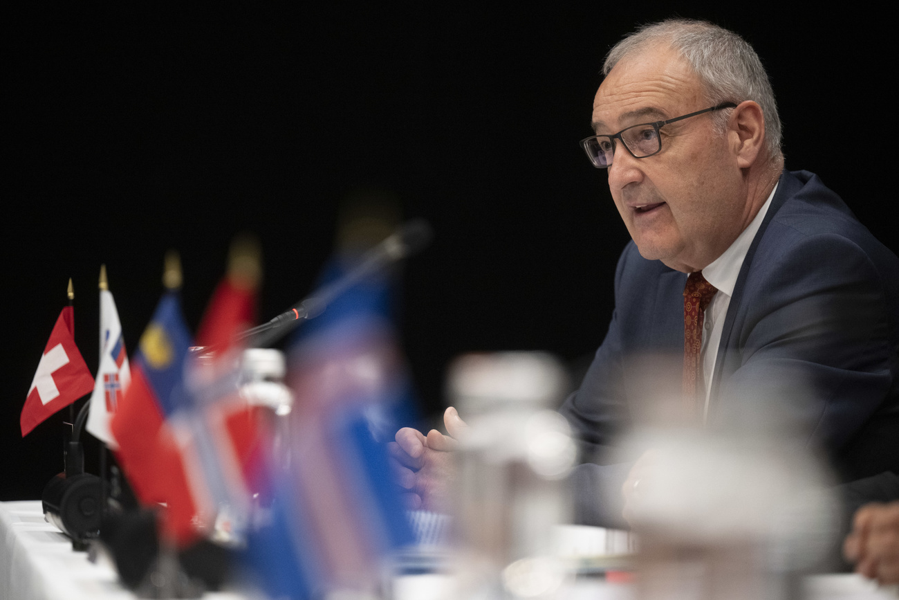 Swiss Economics Minister Guy Parmelin speaking at an EFTA meeting