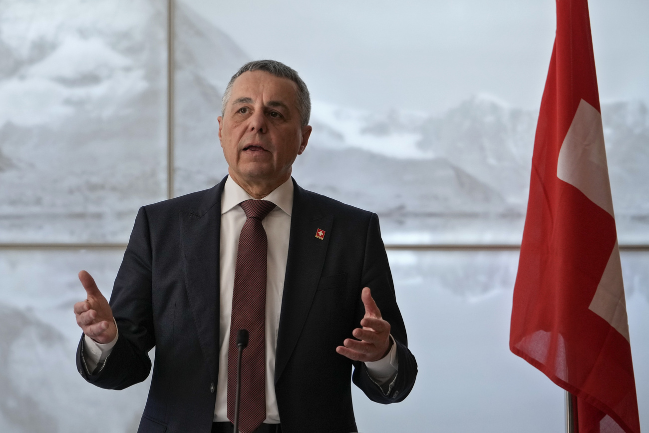 Man speaking with Swiss flag on the right