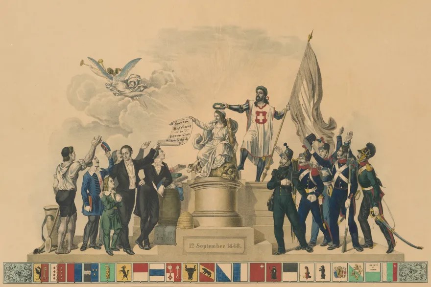 Ein alter Eidgenosse ehrt die Helvetia in der Mitte dieser Lithografie, die anlässlich der Inkraftsetzung der ersten Schweizer Bundesverfassung 1848 erschien. Eine Verfassung, die einige Elemente der US-Verfassung übernommen hat.
