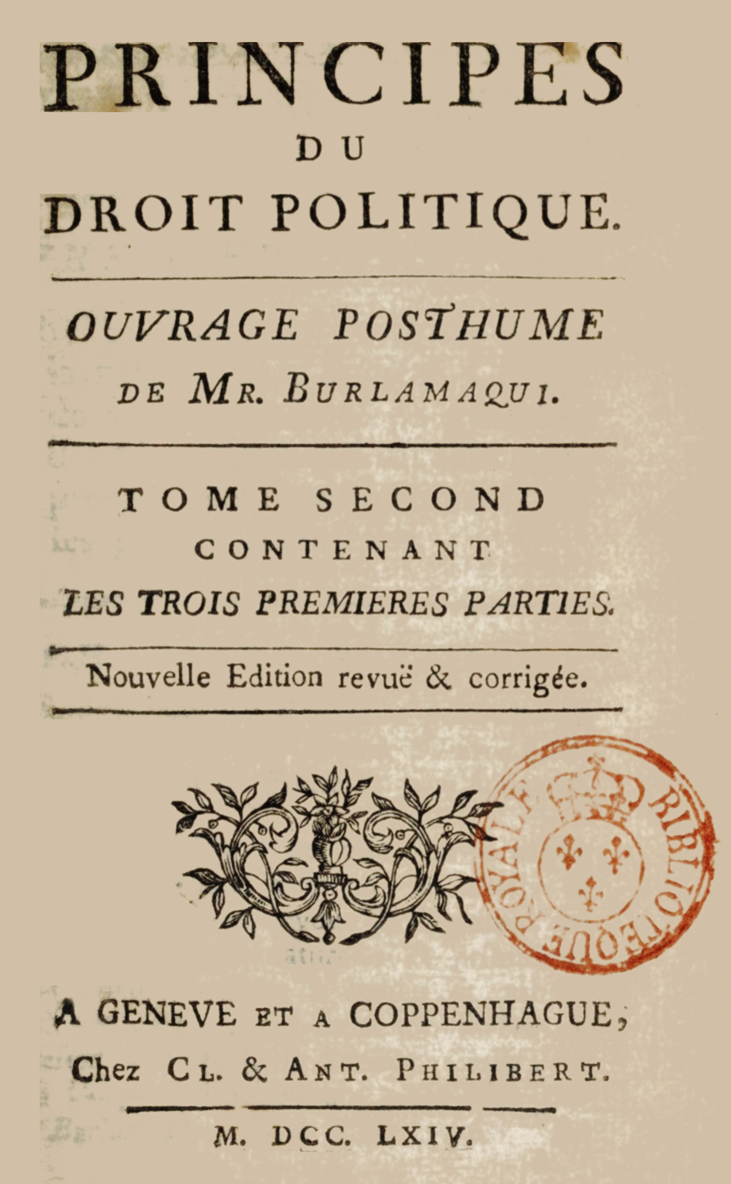 Portada de la obra de Jean-Jacques Burlamaqui "Principios de Derecho Político", en el original francés de 1764.