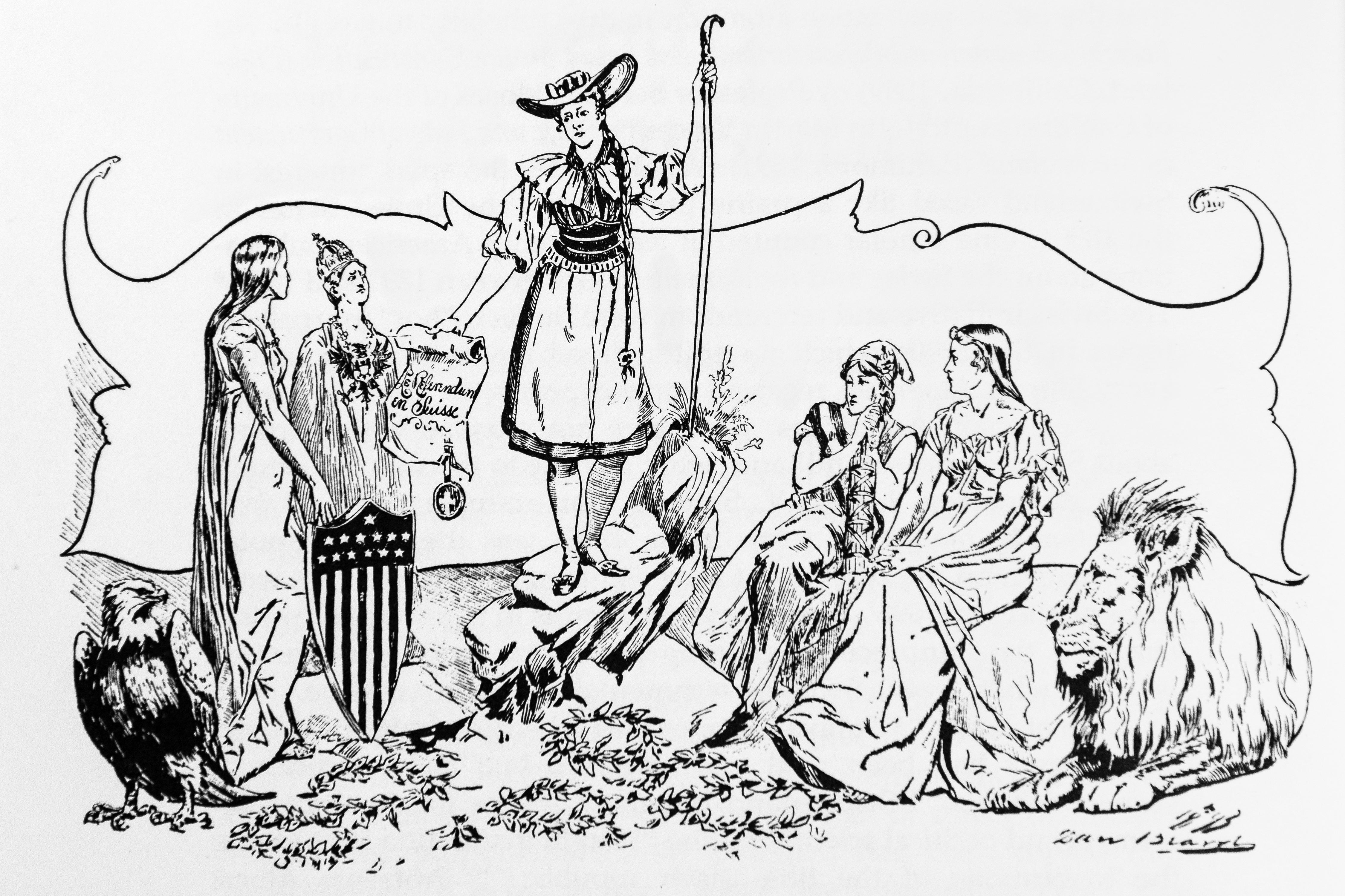 «Мисс Швейцария» предлагает «Мисс Америке» провести референдум. Иллюстрация Дэна Бирда, 1893 год.