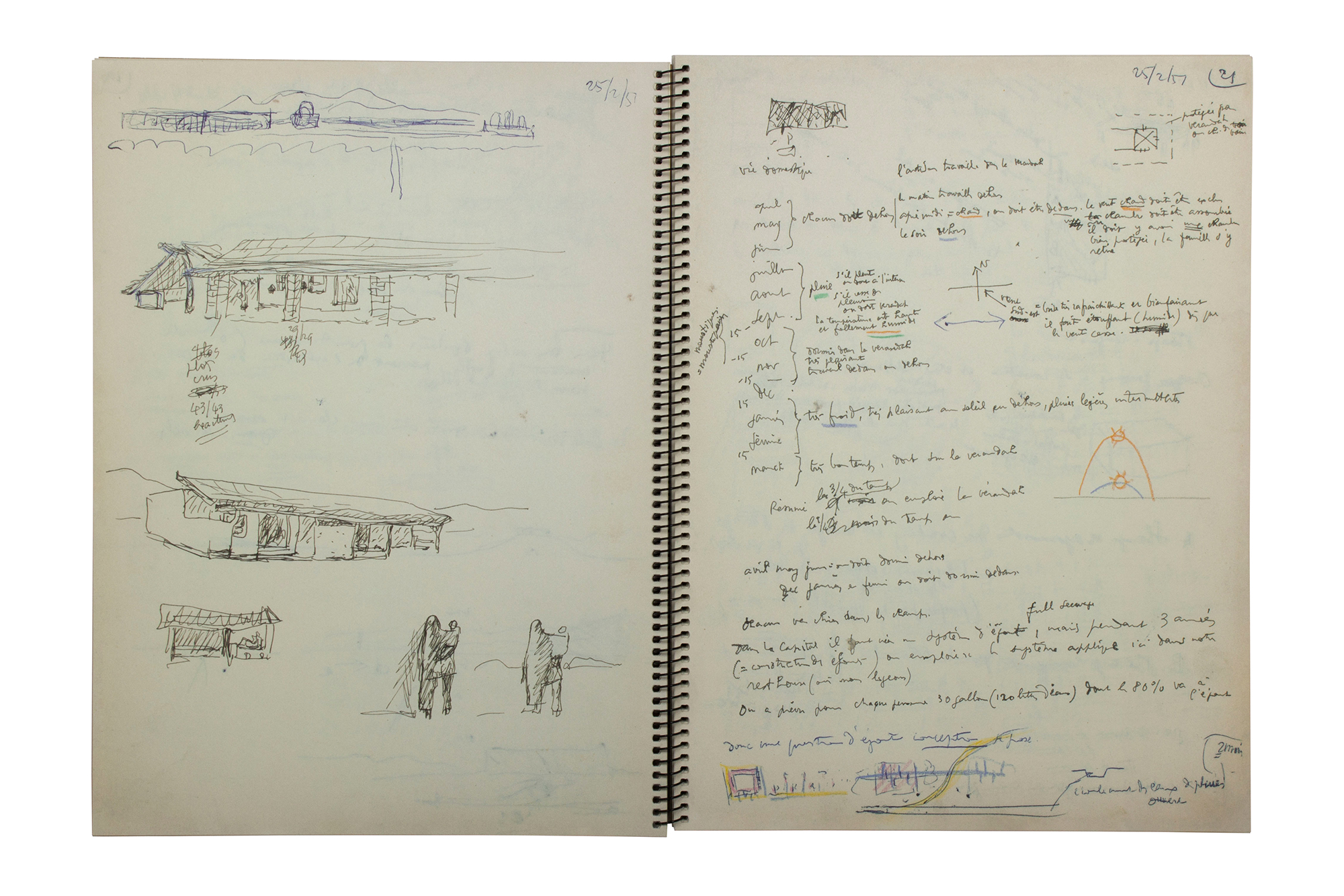 Sketches and annotations made by the Swiss-French architect during the first weeks of this visit to India, from February 21 to April 1.