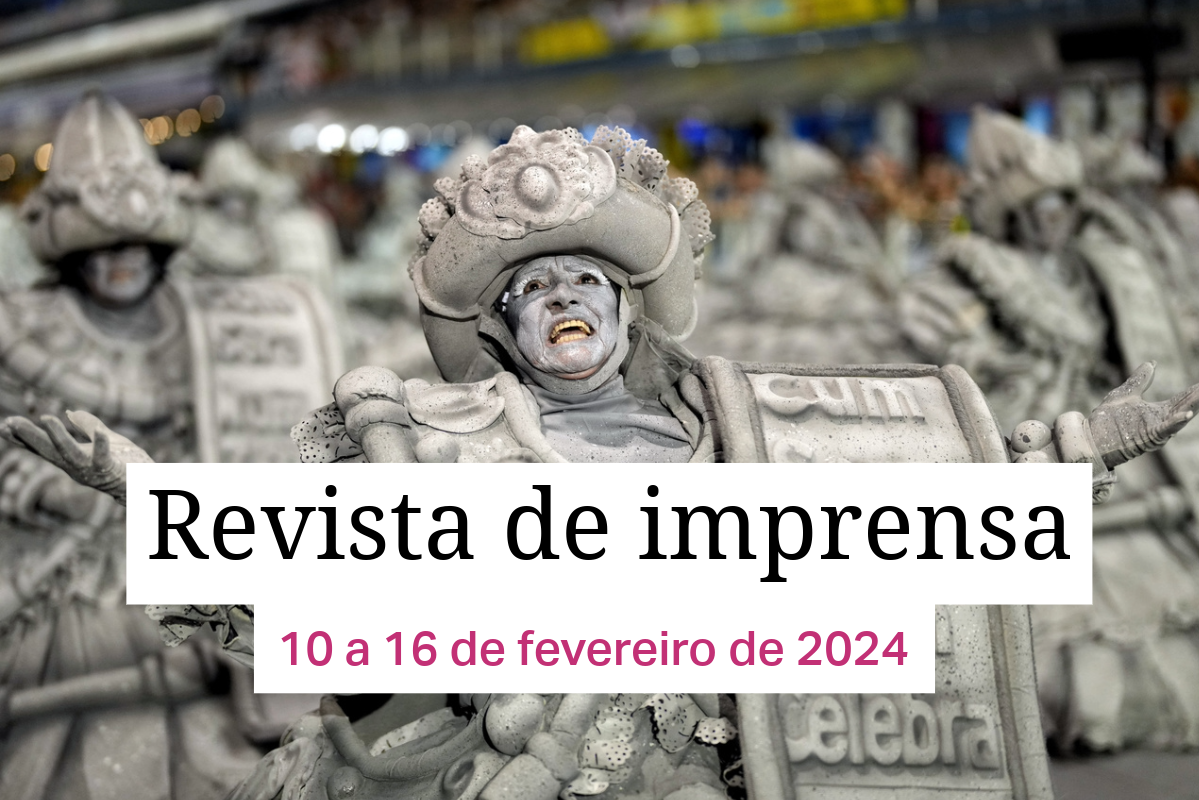 Vinheta da Revista de Imprensa semanal com imagem de carnavalescos