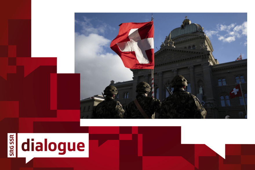 Logo de dialogue avec des soldats devant le Palais fédéral