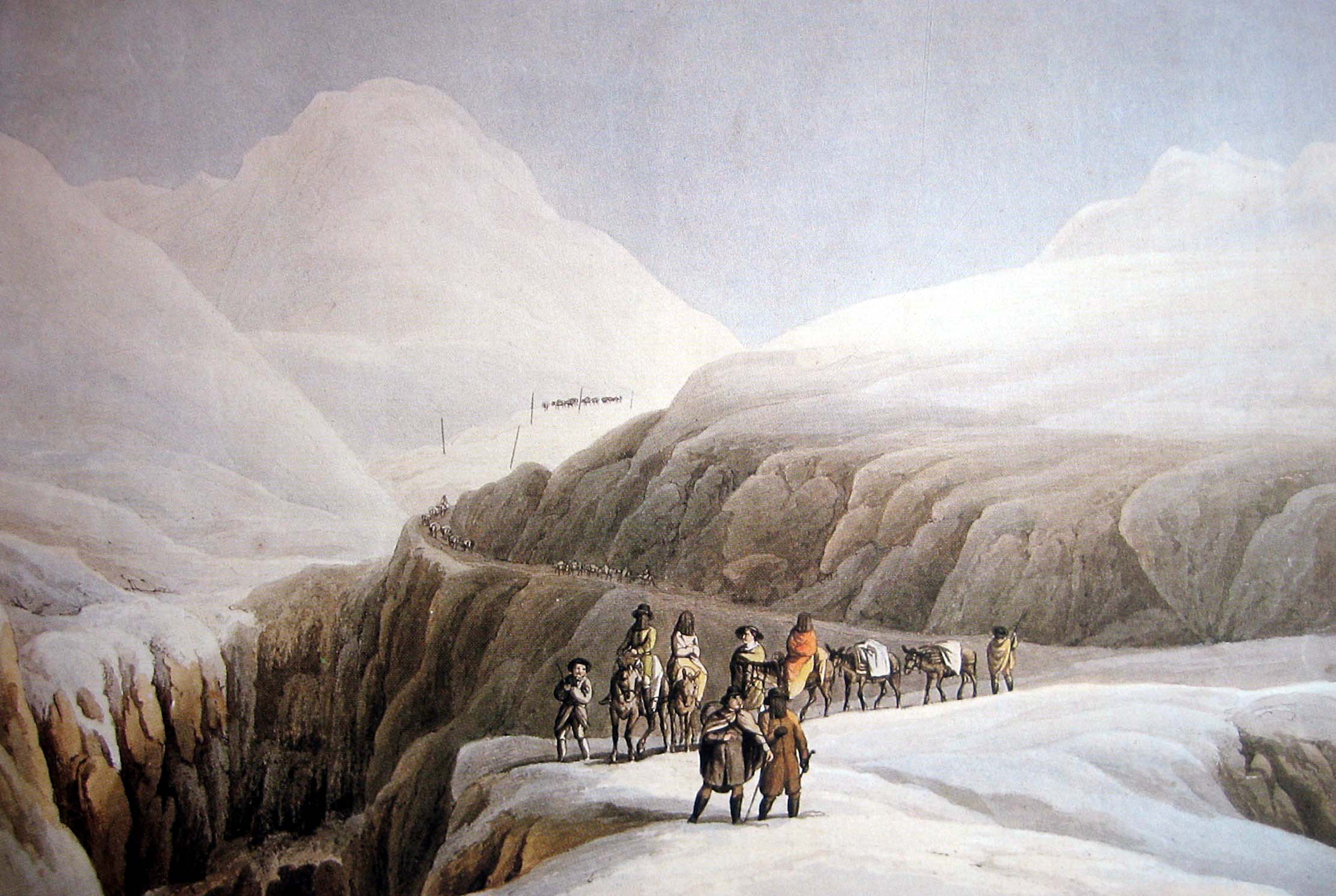 Altes Gemälde mit Reisenden, die im Winter über den Gotthardpass reisen