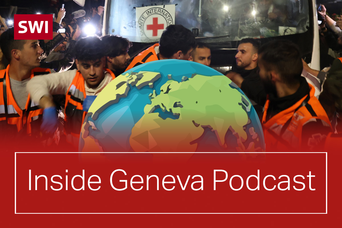 Picture of ICRC truck with Palestinian hostages and Inside Geneva podcast logo