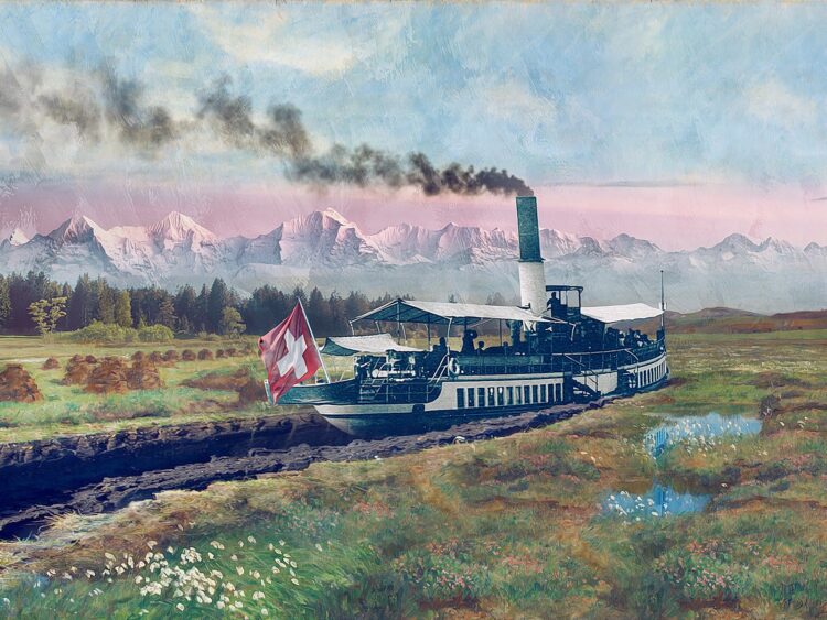 Illustration, die ein Dampfschiff in einem Moor zeigt