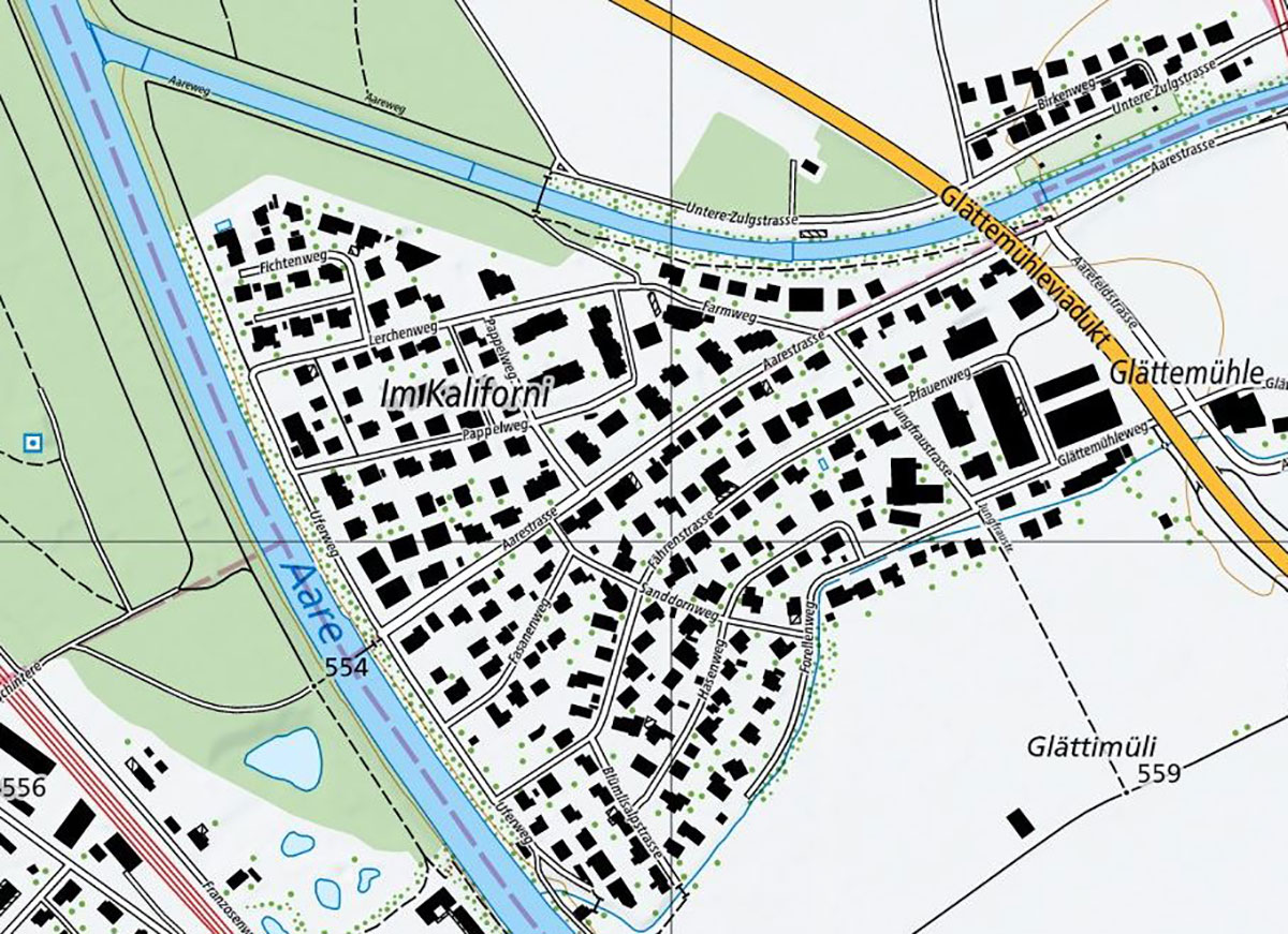 Quartierteil Im Kaliforni in Heimberg. Swisstopo Fremde Armeen