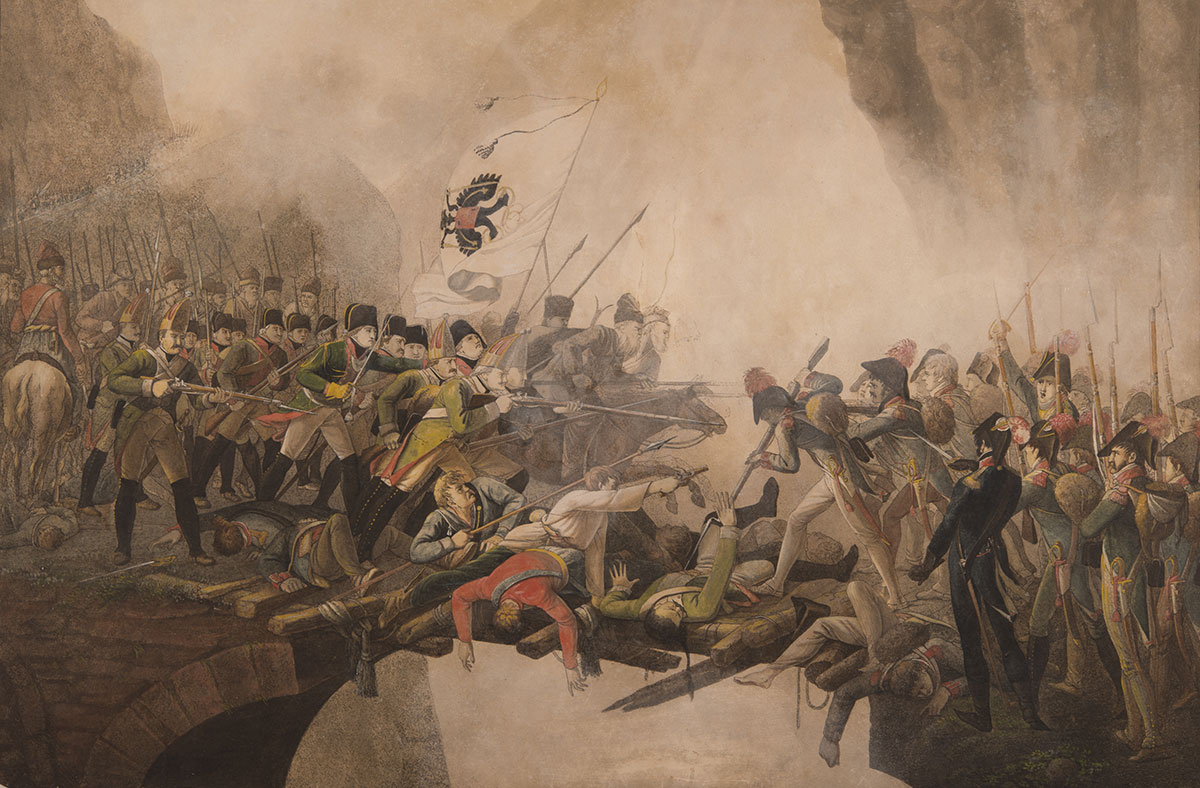 Kampf auf der Teufelsbrücke zwischen Truppen General Suworows und Franzosen. Anonym, um 1800. Schweizerisches Nationalmuseum