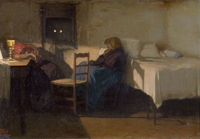 altes gemälde mit zwei Frauen, die auf einem Sessel schlafen