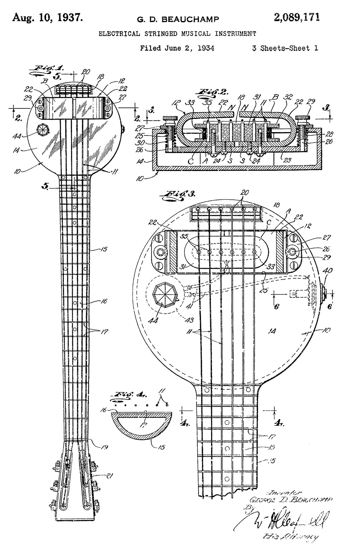 Patent for the frying-pan guitar with the pick-up developed by Beauchamp.