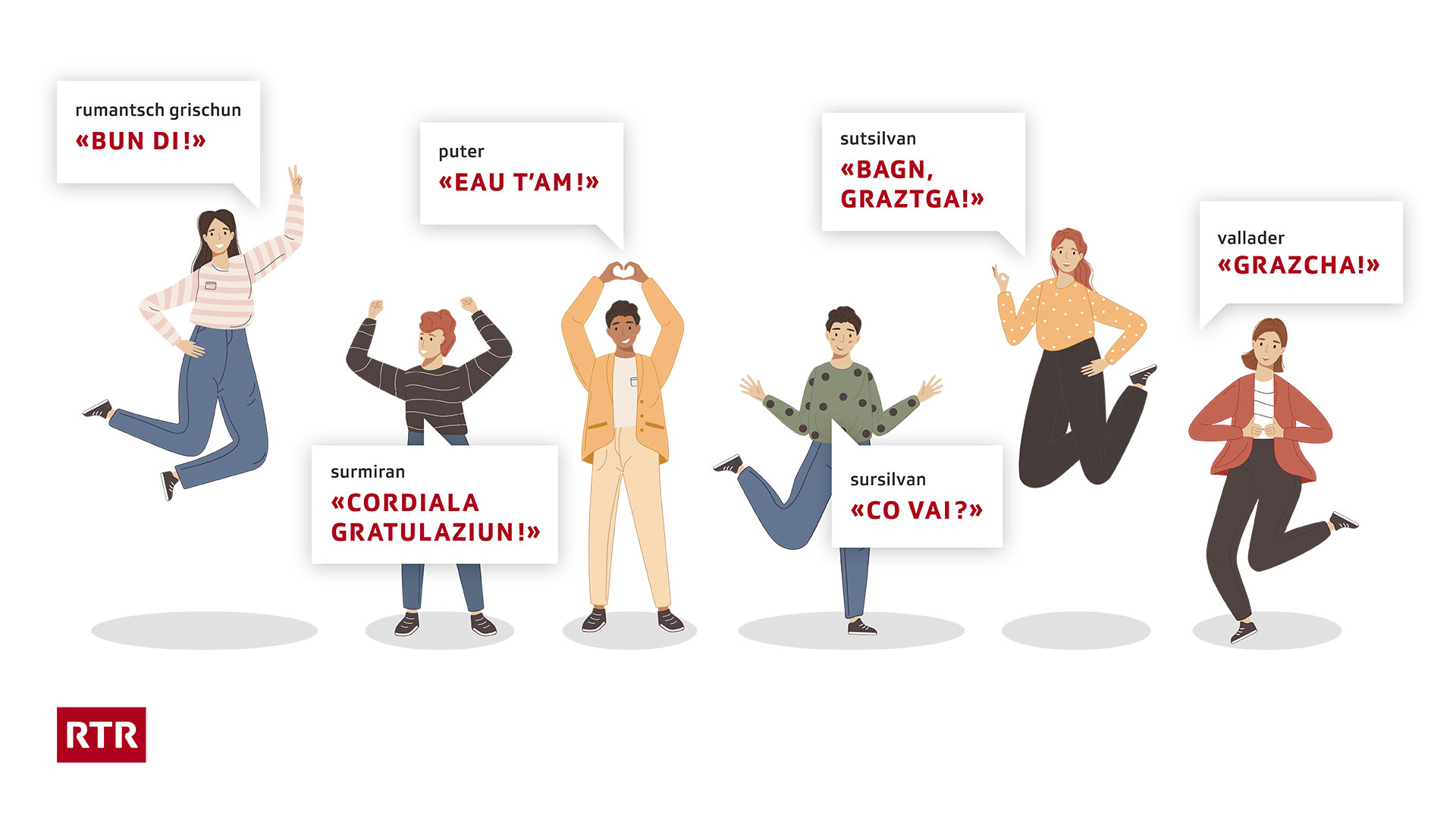 Grafik verschiedenen Personen mit rätoromanischen Sprechblasen