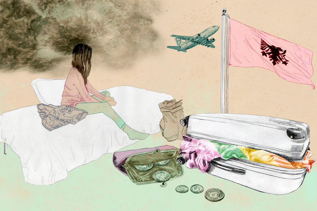 a illustration of a young Albanian woman sitting on a mattress on the floor. a half open suitcase is lying next to the mattress. a Albanian flag in standing in the background and there is a passenger jet flying in the air.