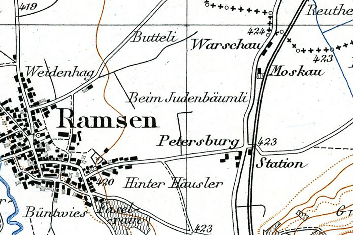 Ramsen mit den Häusernamen Warschau, Moskau und Petersburg auf der Siegfriedkarte. Swisstopo