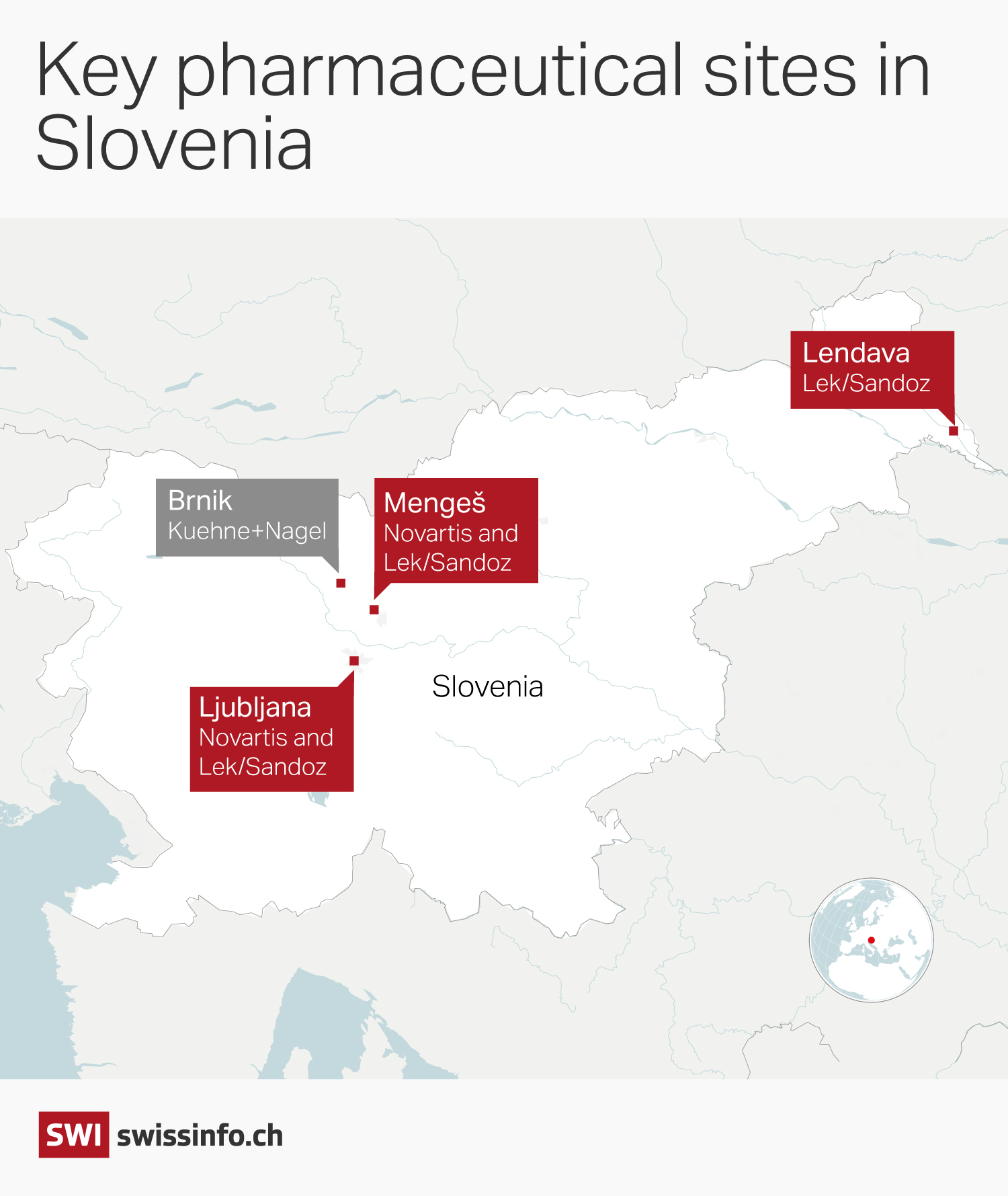 Map of Slovenia with pharmaceutical companies locations