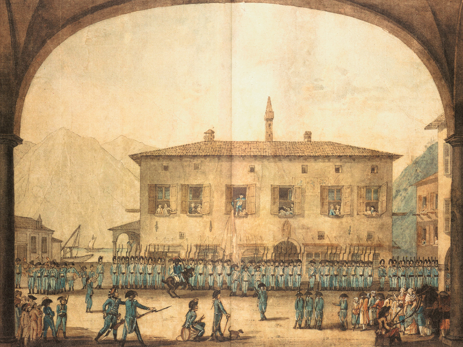 illustrazione con un palazzo e un gruppo di soldati