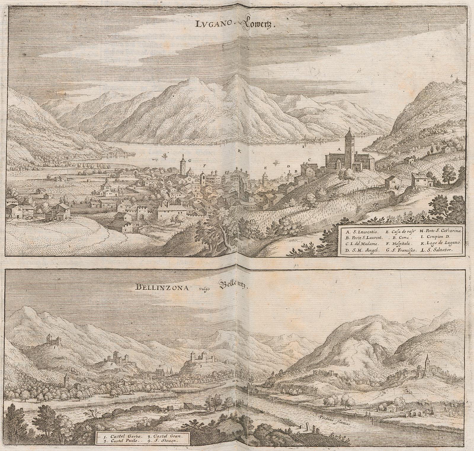 مدينتي لوغانو وبيلينزونا في نقش خشبي للفنان ماتيوس ميريان، حوالي عام 1654.