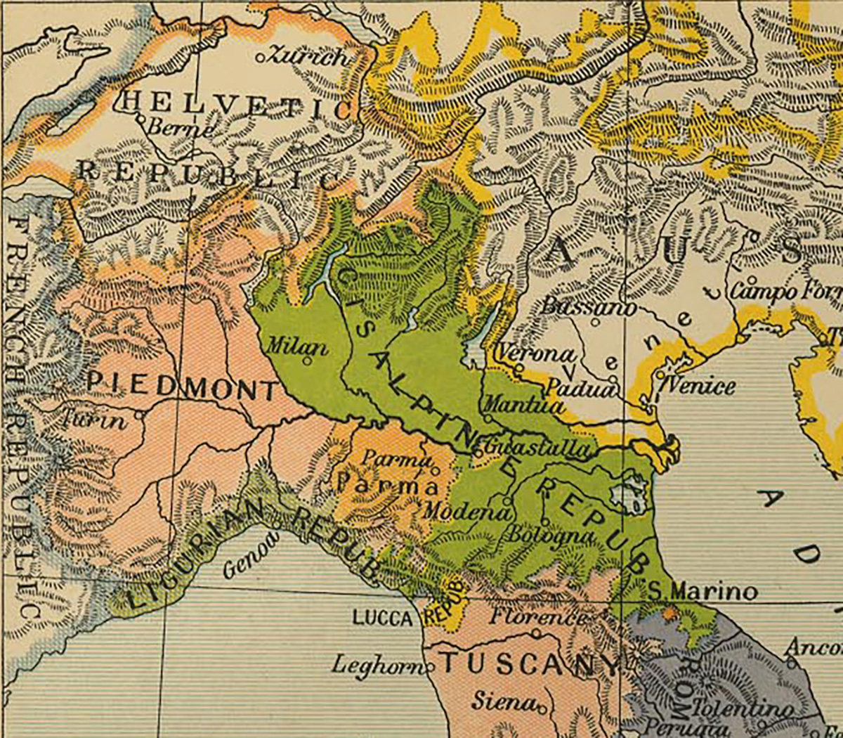 1799年のチザルピーナ共和国（緑色）