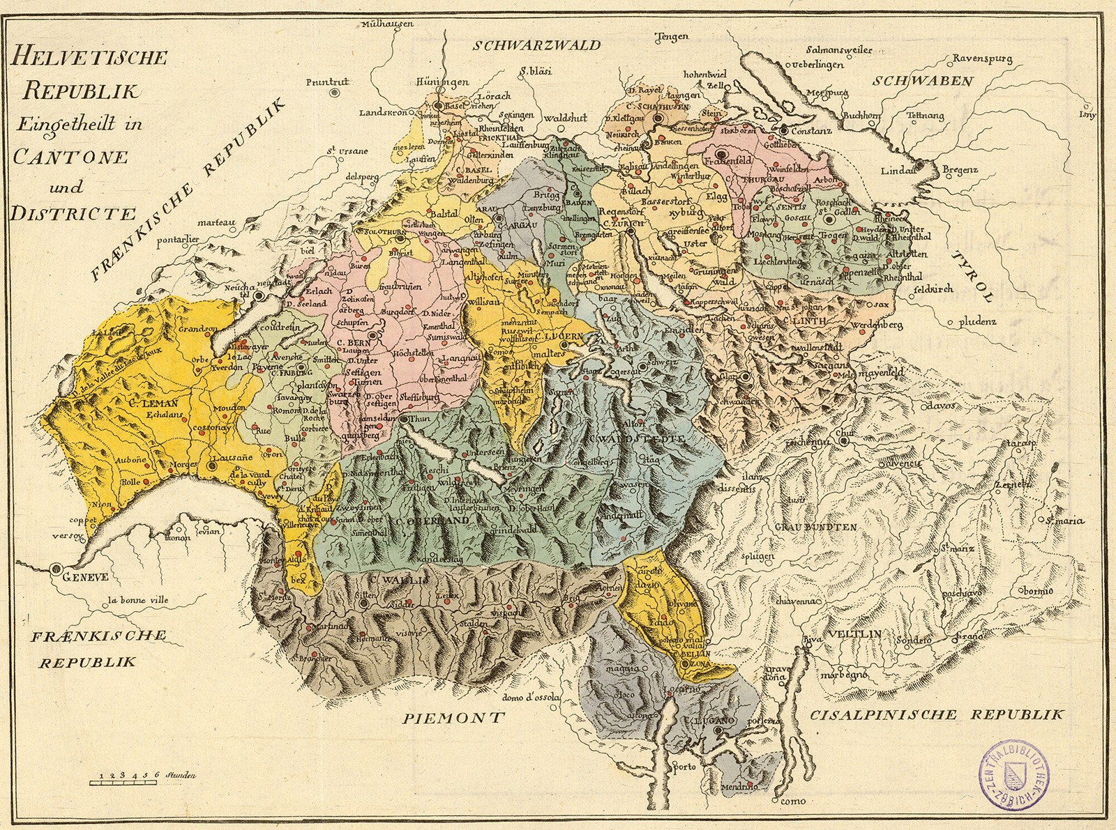 1799年、ヘルヴェティア共和国とその邦の地図。現在のティチーノ州がベリンツォーナ州（黄色）とルガーノ州（青色）に分割されている