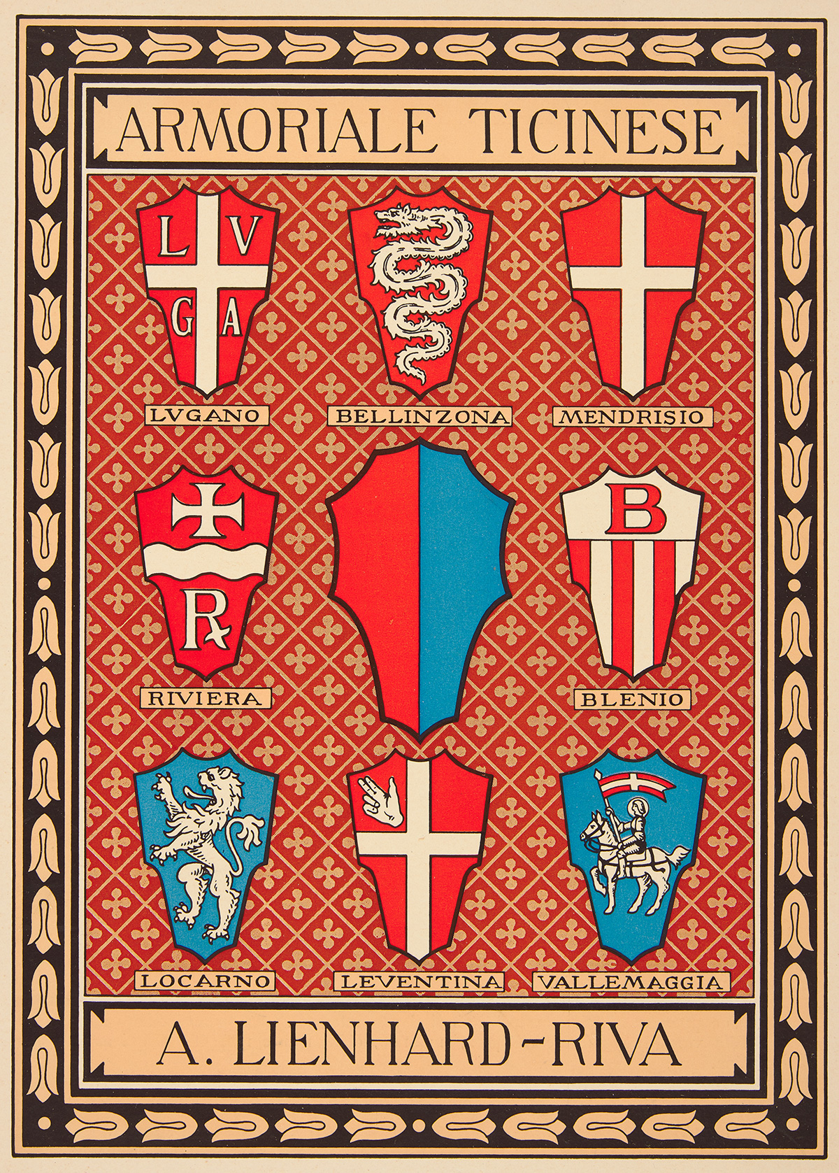 Die Wappen der acht Bezirke des Kantons Tessin.