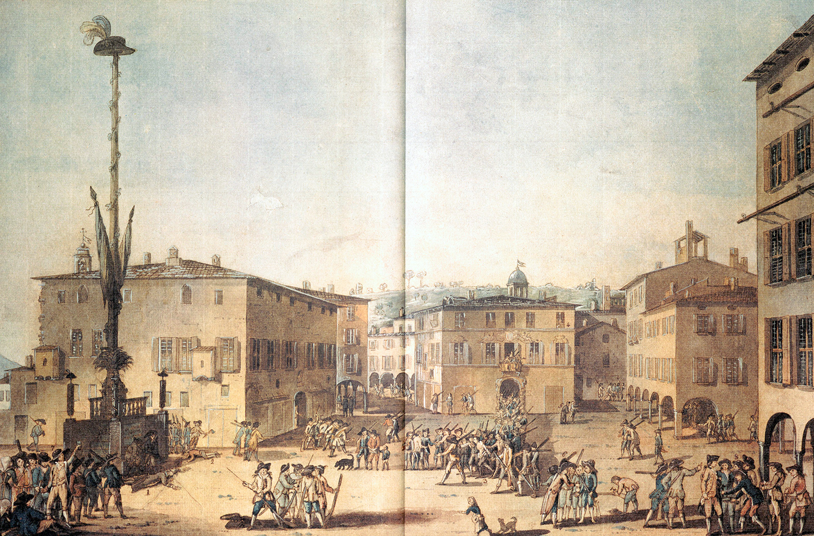 ルガーノのグランデ広場にあるテレンハットと自由の木、1799年、ロッコ・トリチェッリによるペンとインクのデッサン