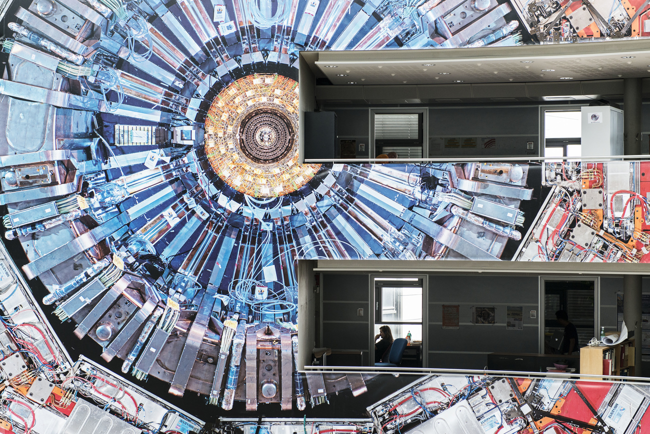 A huge poster representing the CMS detector in building 40 at the CERN Meyrin site, near Geneva, Switzerland.