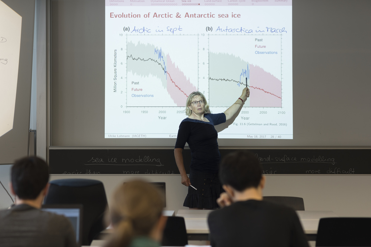 Ulrike Lohmann, professor for experimental atmospheric physics at the Institute for Atmospheric and Climate Science of the Swiss Federal Institute of technology, ETH Zurich gives a lecture on numerical modelling of weather and climate in a class room of the ETH in Zurich, Switzerland, photographed on June 1, 2017. (KEYSTONE/Gaetan Bally)